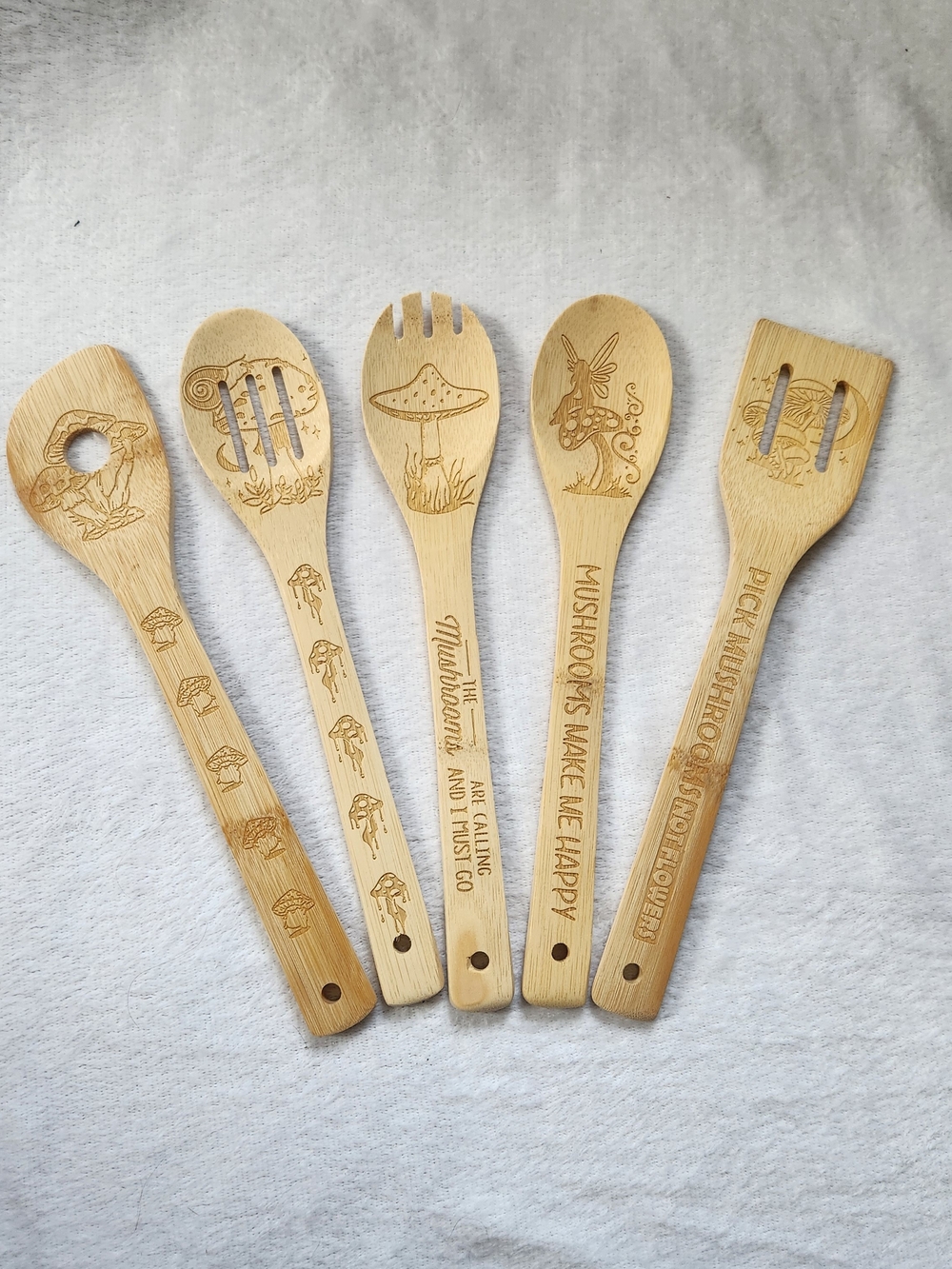 5pc Mushroom Theme Wood Utensil Set Engraved Hanging Hole Beige